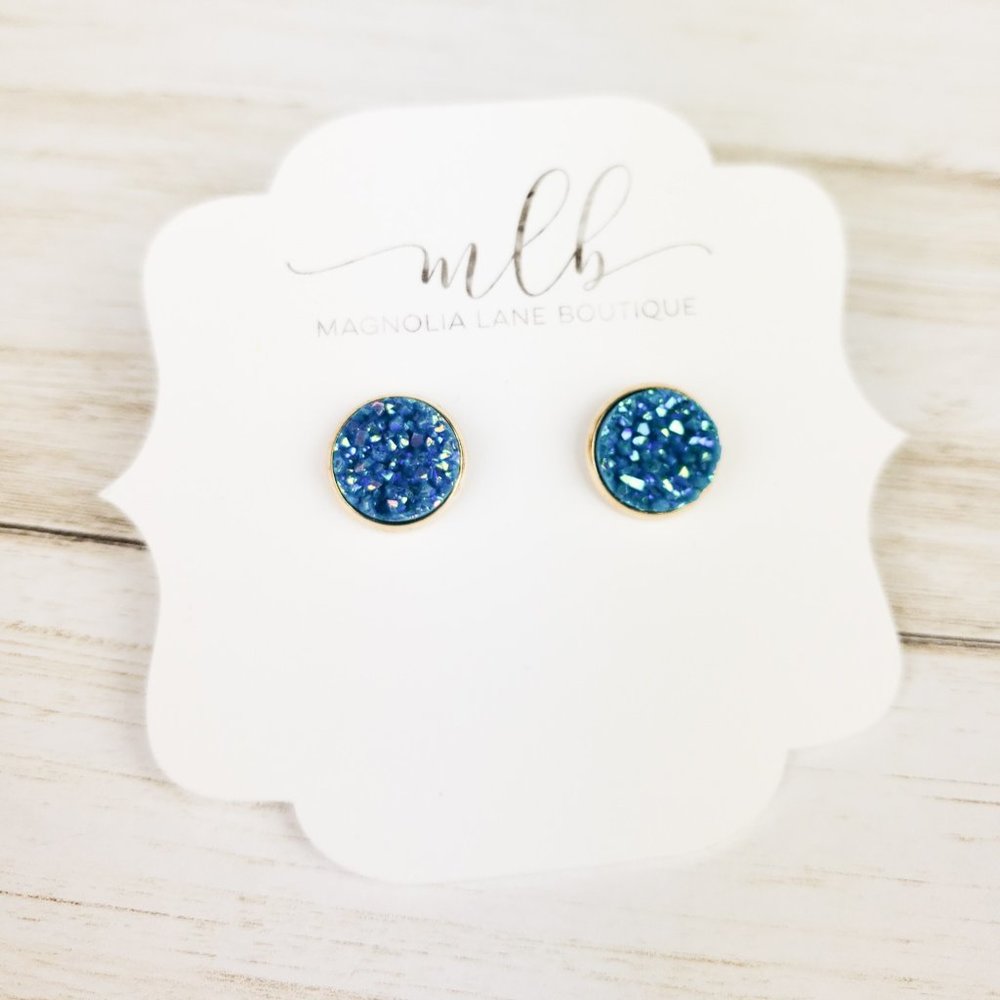 Druzy Stud Earrings - Sky on Gold
